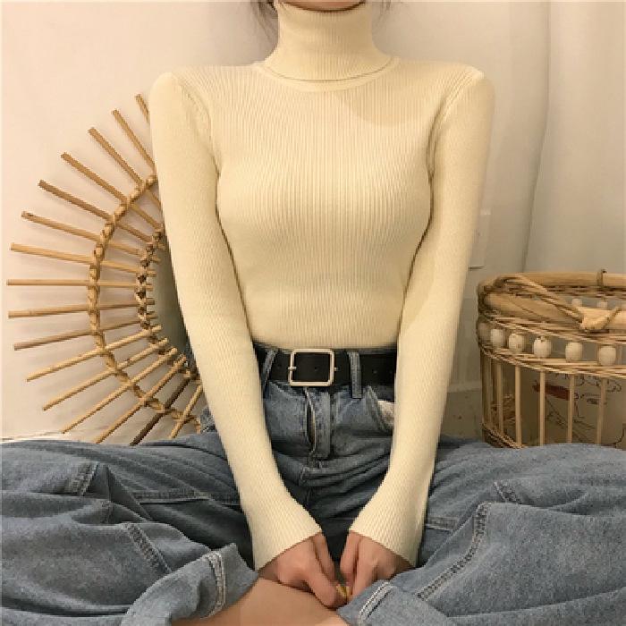 High Neck Solid Color Knit Sweater - Women's Long Sleeve Korean Style Pullover for Autumn/Winter