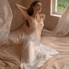 Sexy Lace Perspective Long Satin Suspender Nightdress Home Clothes Fun Suit