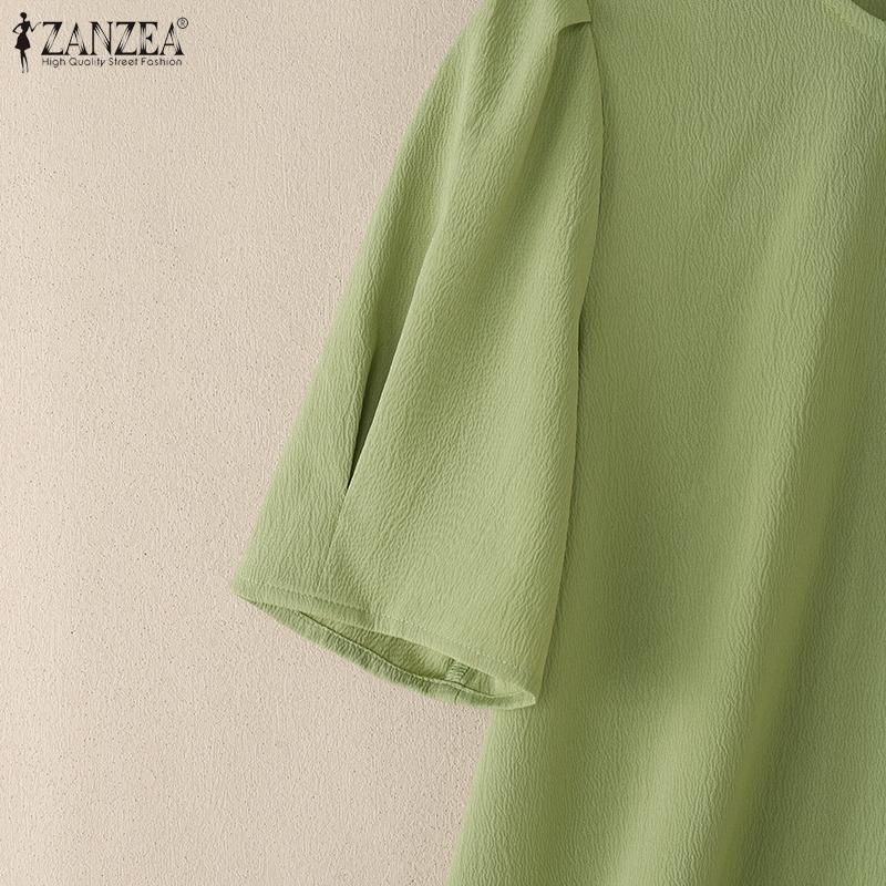 ZANZEA חולצת נשים קז'ואלית עם צווארון עגול ושרוולים קצרים, תחרה מחוברת