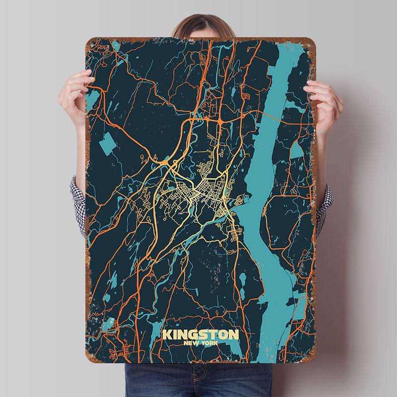 

Kingston New York Map Tin Plaque Poster Customized Wall Art Retro Vintage Metal Signs for Man Cave Room Ornaments Desk Decor 20x30cm（7.8x11.8inch）