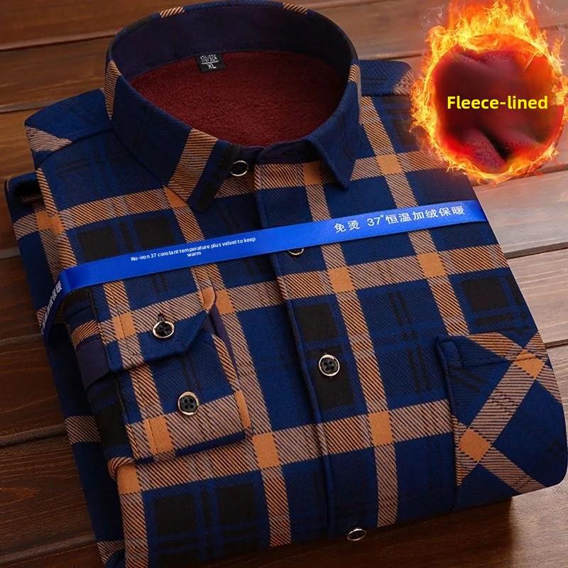 2025 Men's Autumn Winter Thick Warm Long Sleeve Plaid Shirt Thick Fleece Warm Casual Shirts for Men Oversized Plaid Shirts Male