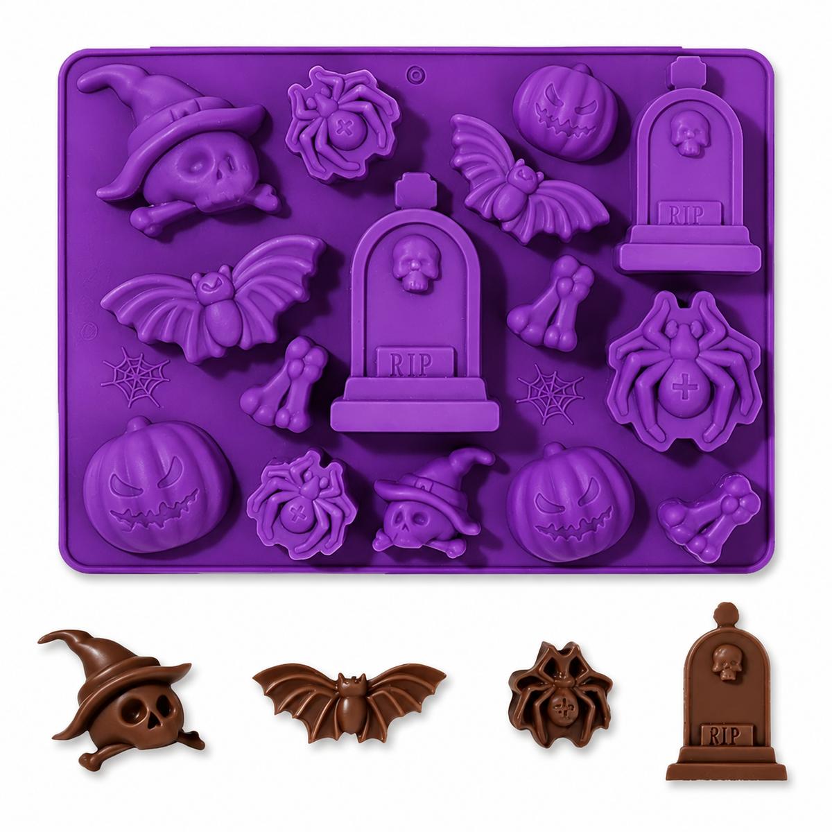 Halloween Silicone Chocolate Mold with Pumpkin, Skull, Bat, Spider, Bones and Tombstone Shapes фиолетовый