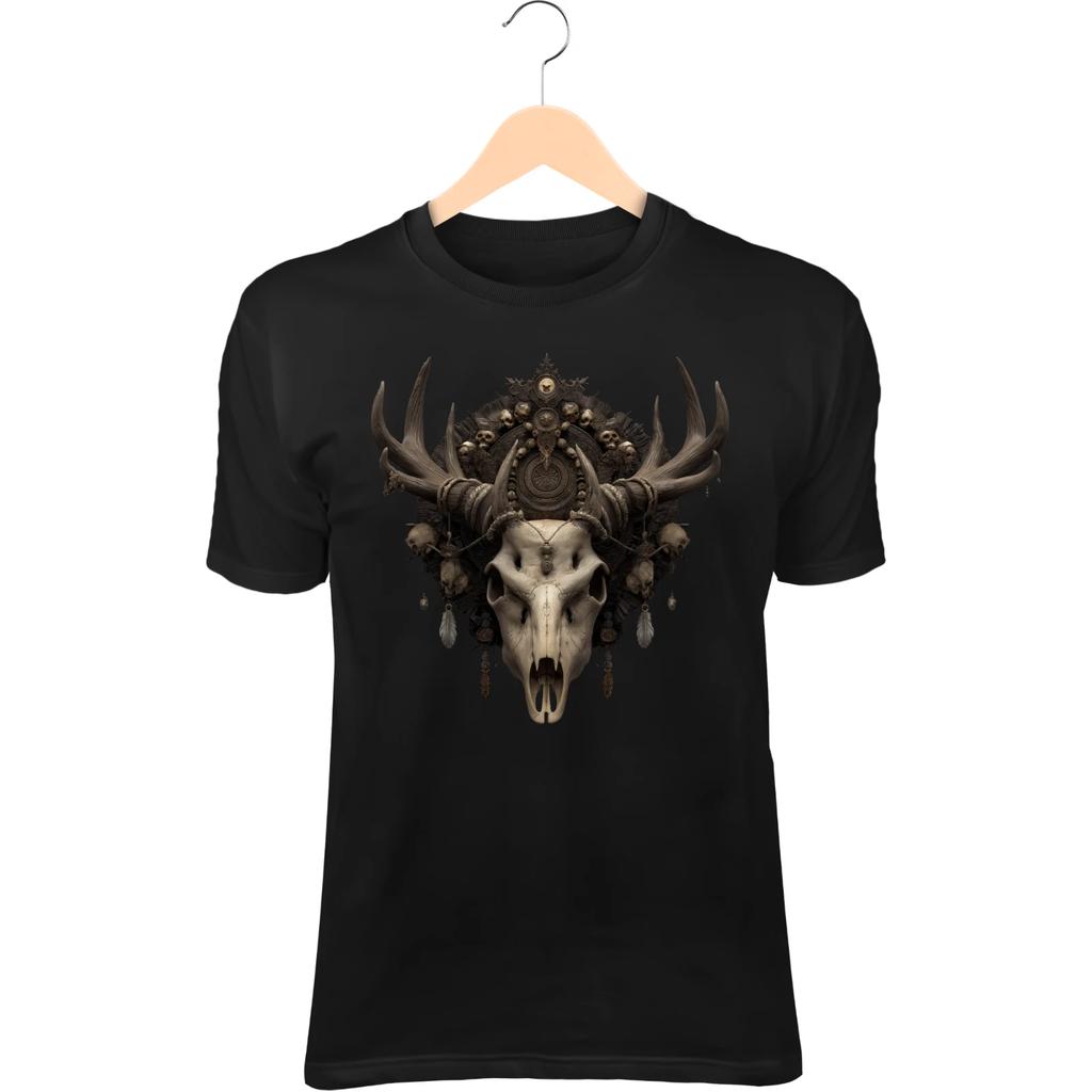 Skull Deer Guardian T-Shirt – Antlers with Charms & Bones, Primal Forest Spirit