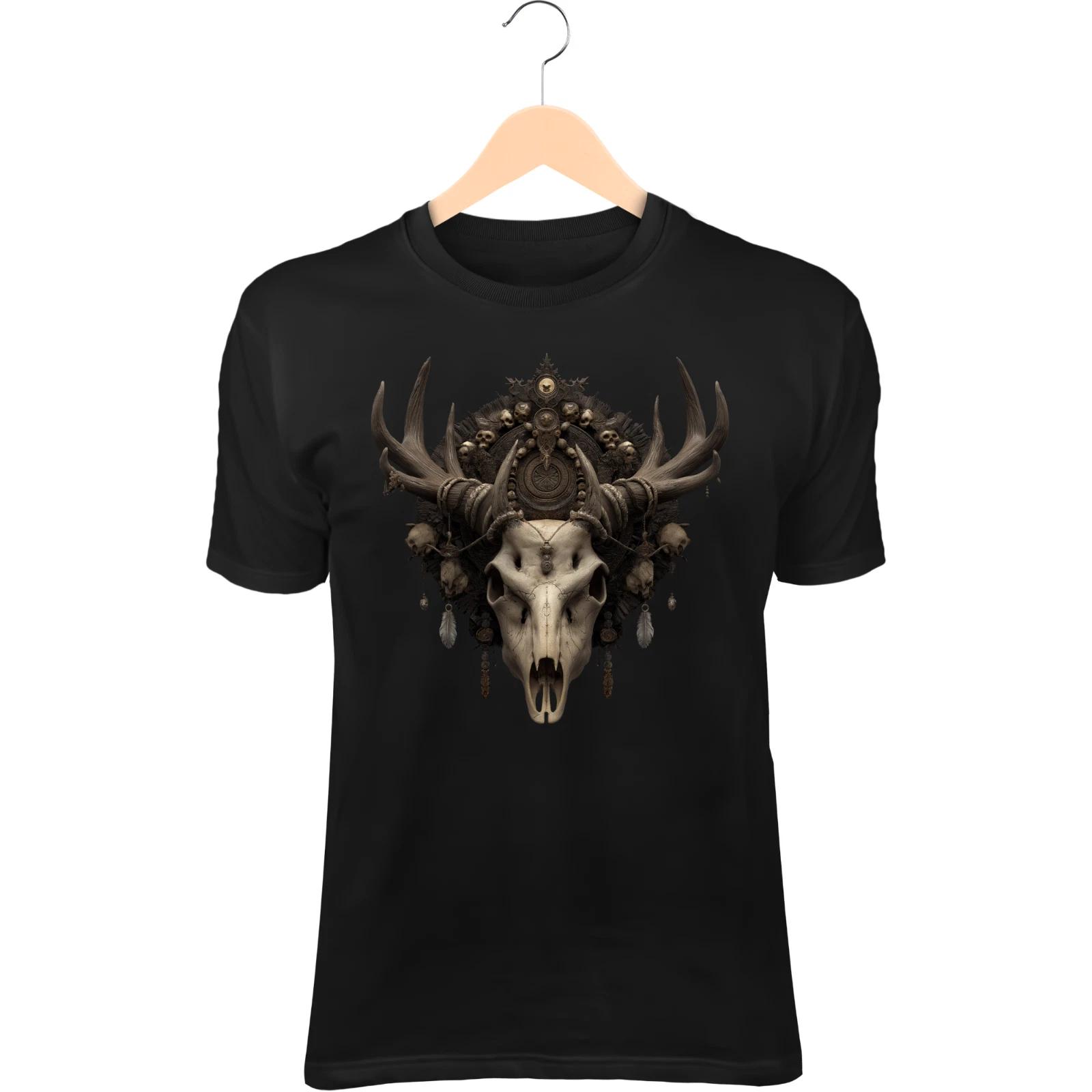 Skull Deer Guardian T-Shirt – Antlers with Charms & Bones, Primal Forest Spirit L