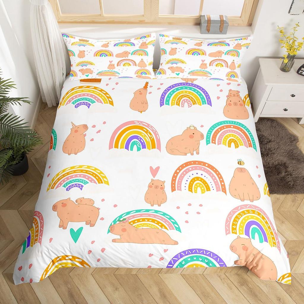 Rainbow Comforter Cover Watercolor Hand Drawn Duvet Cover Cartoon Raindrop Kawaii Bedding Set Girl Crown Love Hearts Quilt Cover