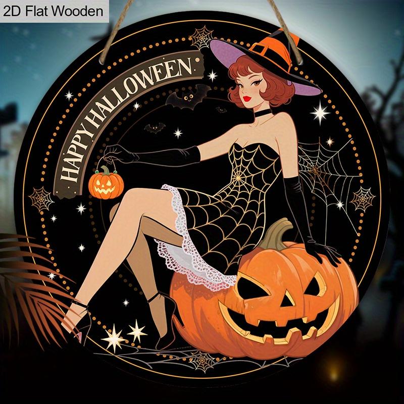 Wooden Happy Halloween Sign with Witch & Pumpkin Pattern - Unique Figurine Ornaments - Ideal for Front Door, Yard, Porch, Room Decor