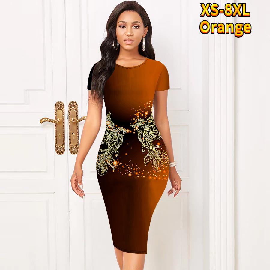 

Тонкое платье длиной до колена с коротким рукавом, модное женское платье миди с 3D принтом золотой птицы 8XL оранжевый