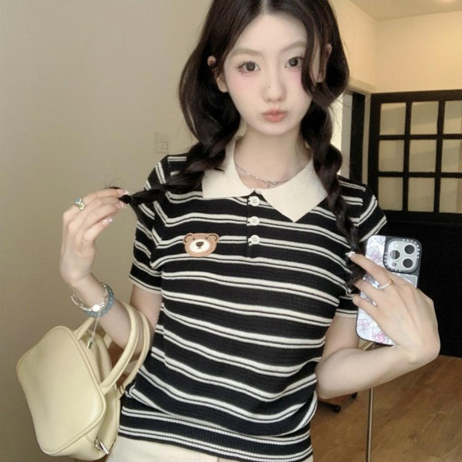 Design sense contrasting colors striped slim and thin short-sleeved Polo collar T-shirt summer versatile fashion niche top