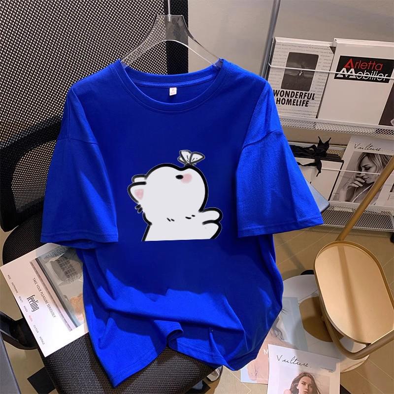 Korean Style Loose Fit Cartoon Print Women's Mid-Length Pure Cotton Short Sleeve Tee