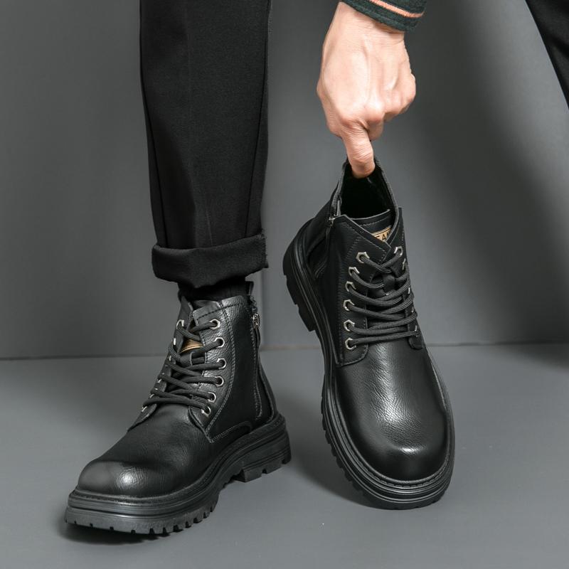 FashionBrand Leather Fashion Motorcycle Boots Men Lace-Up Male Ankle Boots Men's Casual High Top Shoes New All-match Men Walking Shoes