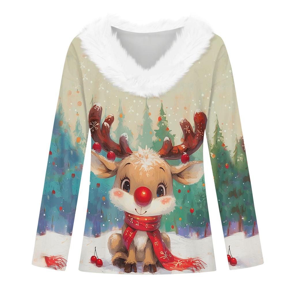 Women's Christmas Printed Long Sleeved Party Plush Neck V-neck Top