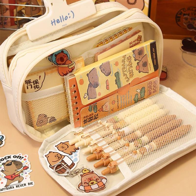 Large Capacity Pencil Bag Capybara Cartoon Stationery Holder Bag With Brooches Stickers Clips Keychains Children Pen Case