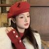 Red Bow Beret Female Autumn And Winter Retro Versatile Temperament Painter Hat Showing Face Small Octagonal Hat
