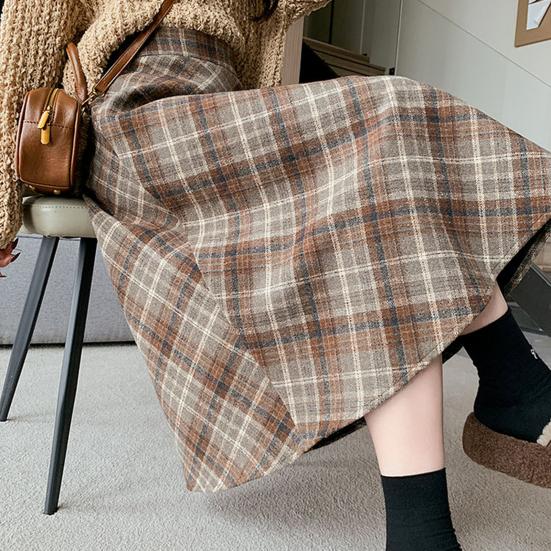 Dámská midi sukně s vysokým pasem áčkového střihu vlněná sukně kostkovaný vzor zeštíhlující sukně do půli lýtek denní domácí streetové oblečení