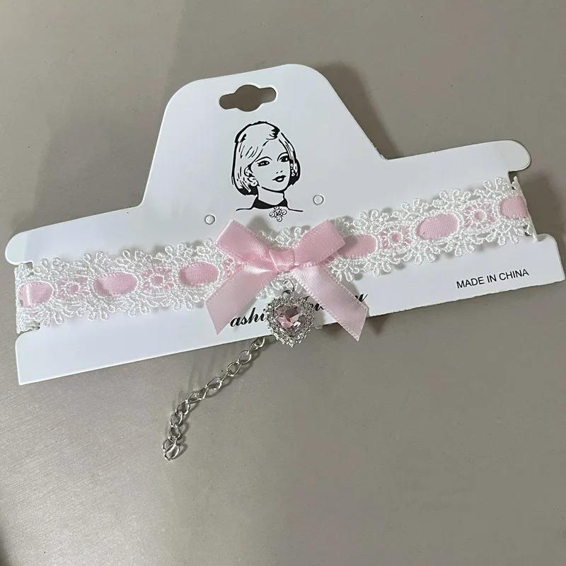 Zoete Satijnen Lint Choker Ketting met Parel Hart Hanger & Doorzichtig Ruche Rand – Schattige Coquette/Kawaii Kraag Sieraden voor Vrouwen