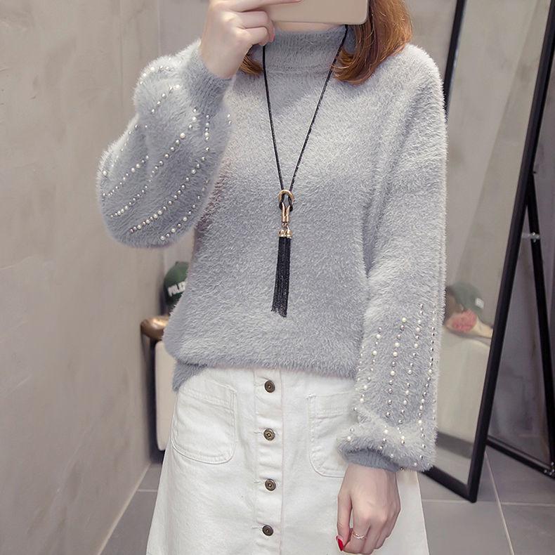 Fuzzy svetr pro ženy Svetr z imitace norkového sametu Dámský svetr s korálky Spodní část košile Korejské mohérové ​​svetry s dlouhým rukávem a dlouhým rukávem