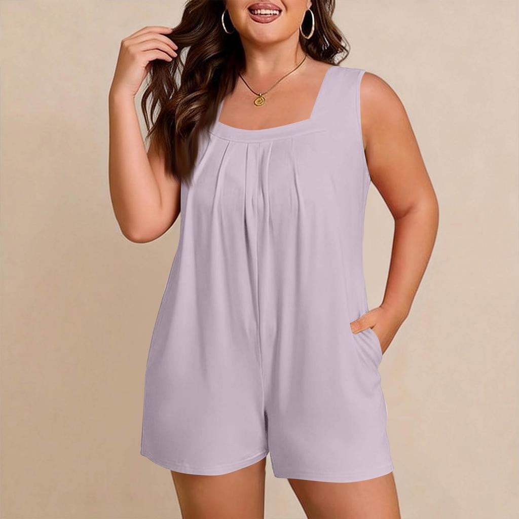 Women's Plus Size Casual Tank Top Sleeveless Pocket Jumpsuit Shorts Set
