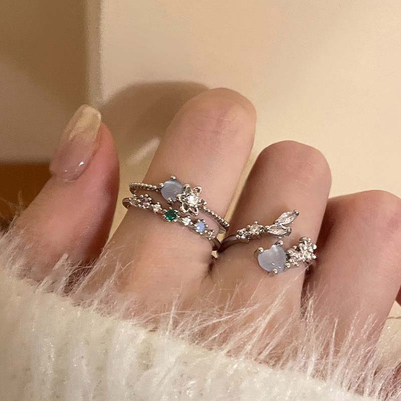 Fashion Blue Opal Heart Rings for Women Kpop Punk Gothic Open Flower Rhinestone Finger Rings Wedding Party Trendy Girls Jewelry
