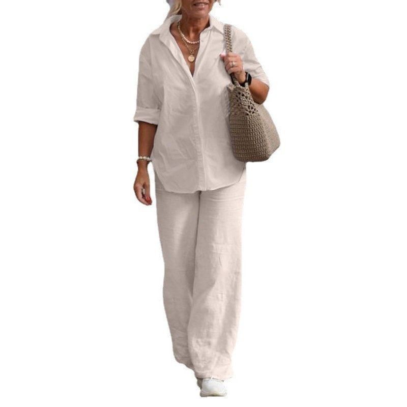 Lapel Long sleeve Shirts Spring and Autumn Leisure Solid Color Pants Wide Leg Suit Casual Top and Pants Set