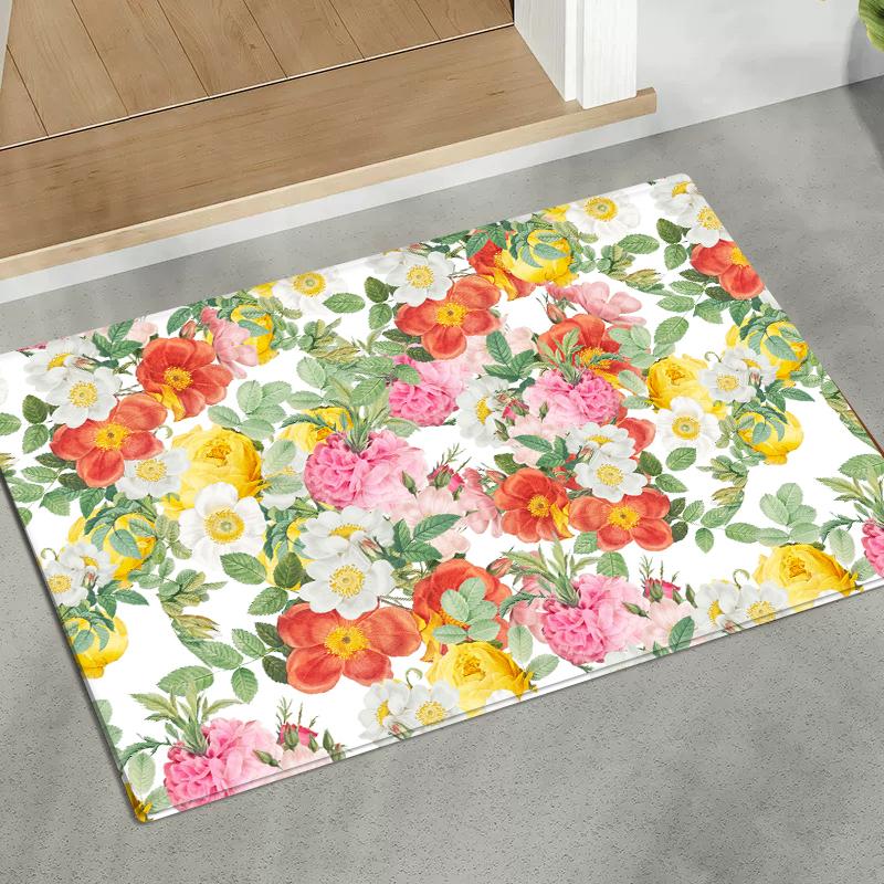 3D Colorful Flowers Flannel Doormat Absorbent Mat for Bedside Entrance Kitchen Floral Rug Home