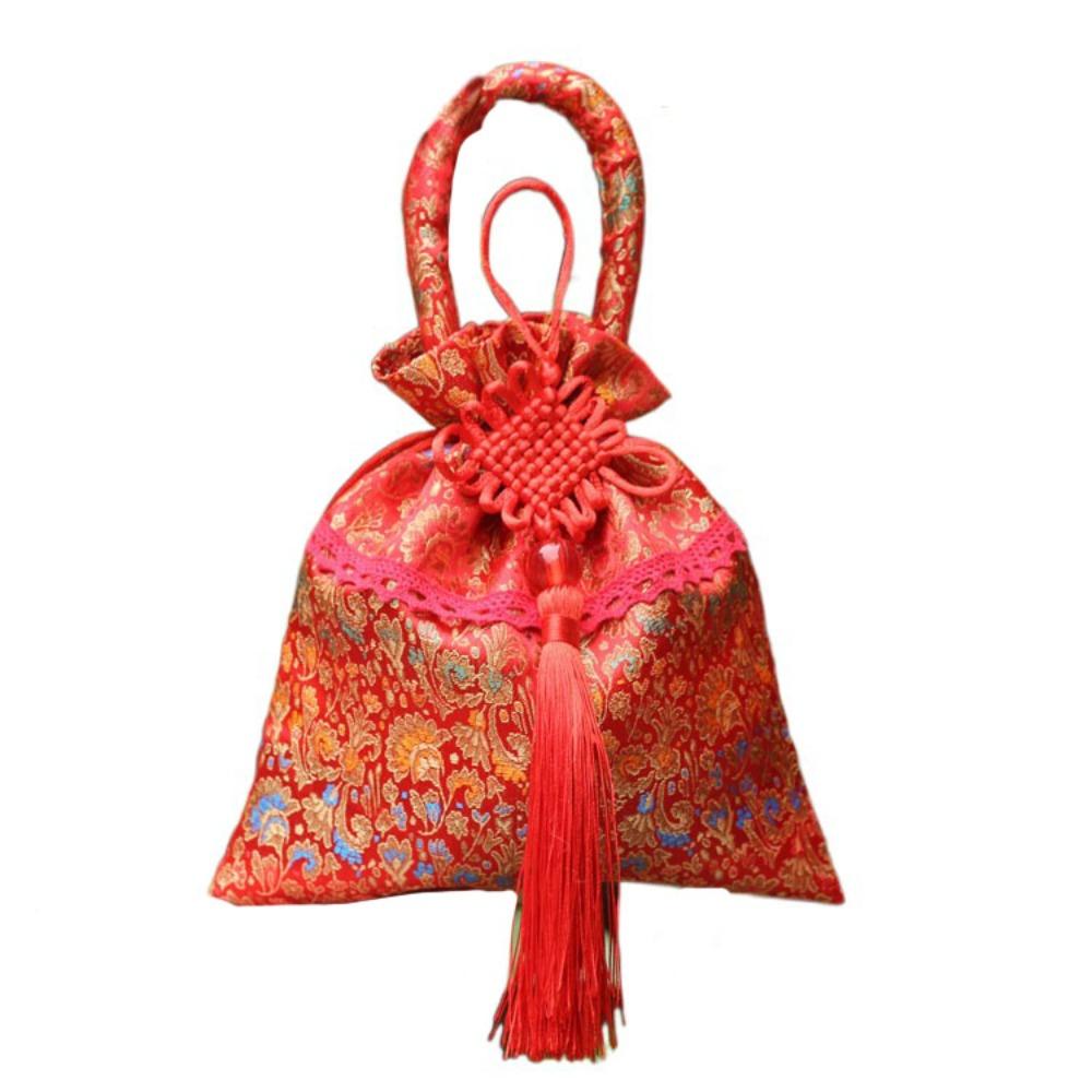 Chinese Style Flower Drawstring Bag Candy Storage Festive Sugar Bag Canvas Tassel Handbag Party