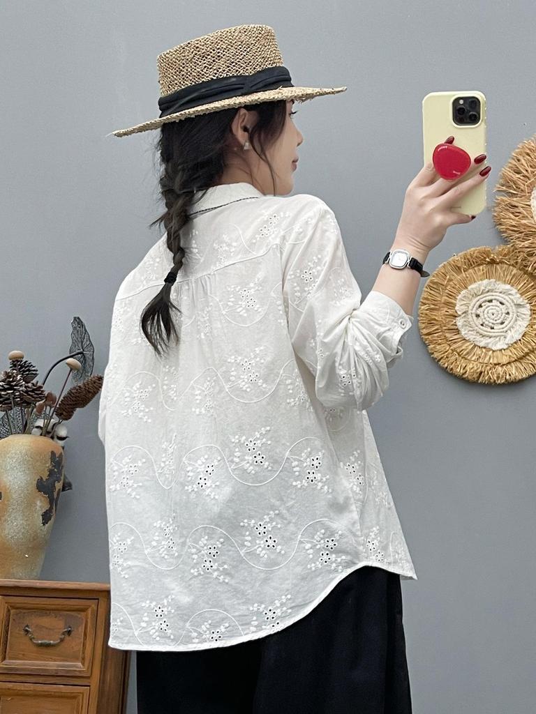 Women's Floral Embroidery Button-Up Long-Sleeve Jacquard Top for Spring and Fall