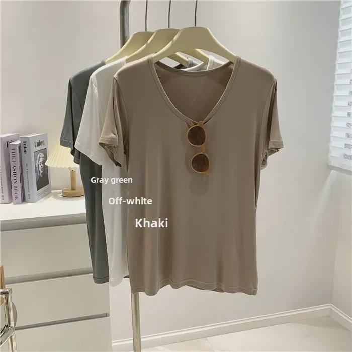 Modal Cotton Women's Grey-Green Loose Short Sleeve Round Neck Top - Soft, Skin-Friendly, and Versatile for Inner or Outer Wear.