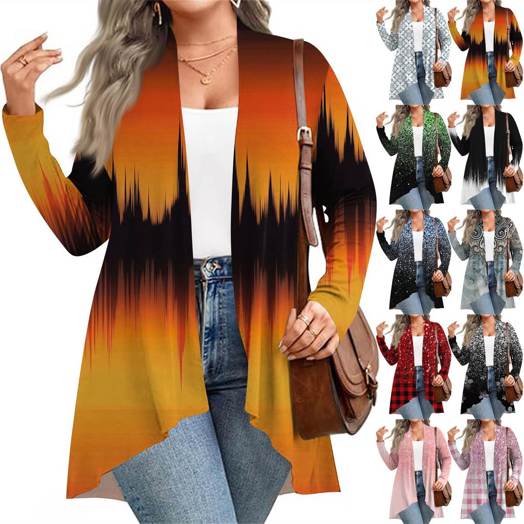 Women's Fall And Winter Fashion Casual Print Long Sleeve Mid-Length Cardigan Jacket