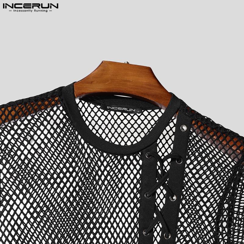 INCERUN Men O Neck Short Sleeve Side Bandage Mesh Sheer Fitted Cropped T-shirts