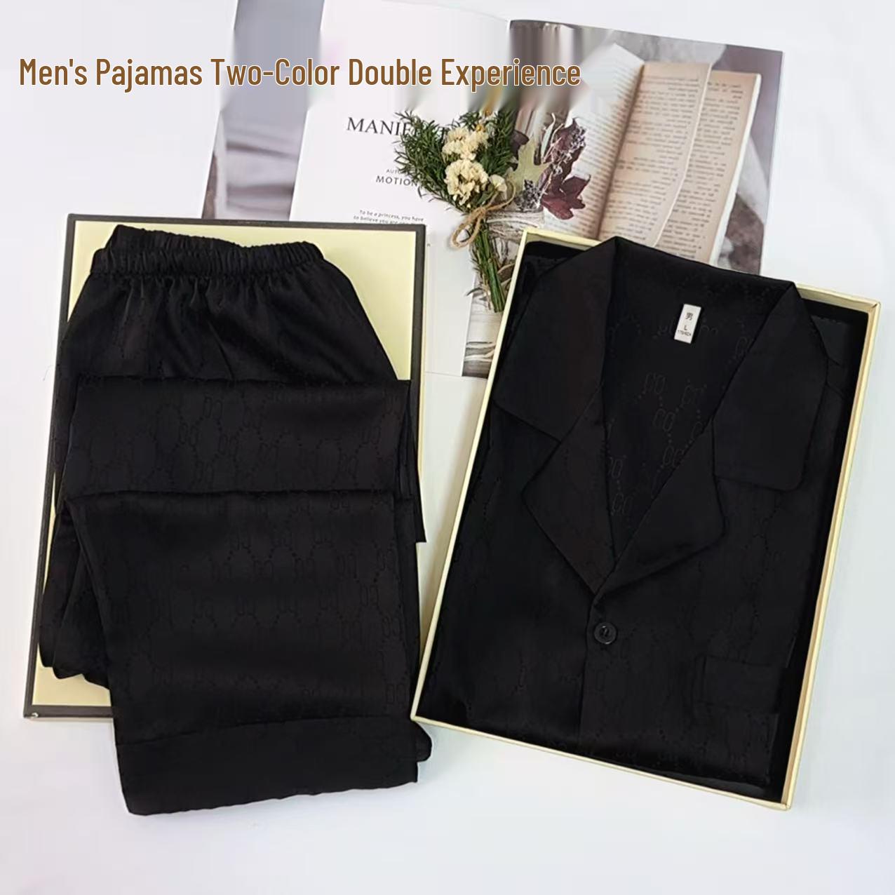 

Мужской пижамный комплект из ледяного шелка черного цвета – Летняя прохладная домашняя одежда с отложным воротником XL