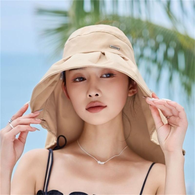 Wide Brims Sunproof Fisherman Hat With Open Top Design Bowknot Neck Cover For Women Outdoor Activity Fishing Camping