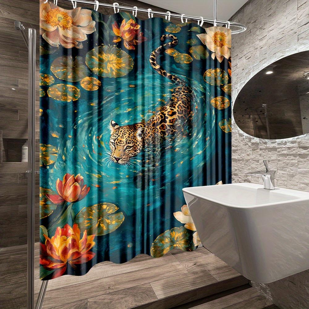 Dunika Chen Jungle Leopard Shower Curtain - Waterproof, Mildew-Resistant With Lotus Flower Design For Exotic And Nature-Inspired Decor