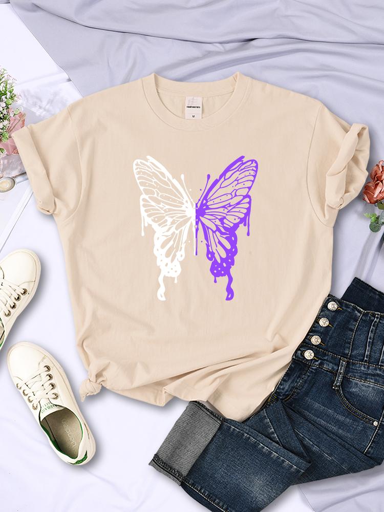 White And Purple Butterflies Personality Funny Print T-Shirt Women Summer Breathable Short Sleeve Soft Comfortable T Shirt Tees