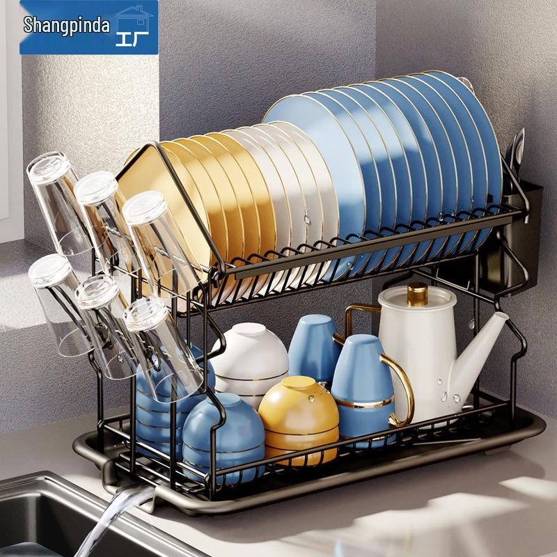 Double-Layer Kitchen Dish Rack with Large Capacity Drip Tray