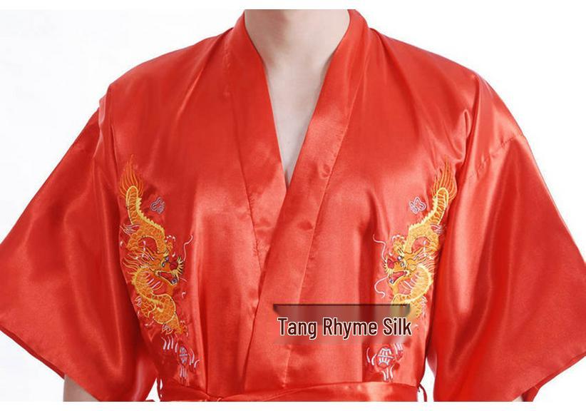 Men's Retro Long Dragon Embroidered Silk Tang Suit Pajama Robe
