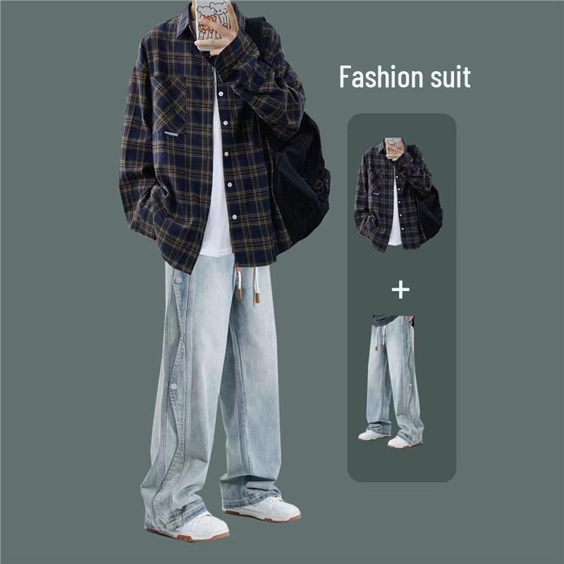 Men's Hong Kong Style Plaid Shirt Autumn Set - High-End Teen Cool & Handsome Outfit
