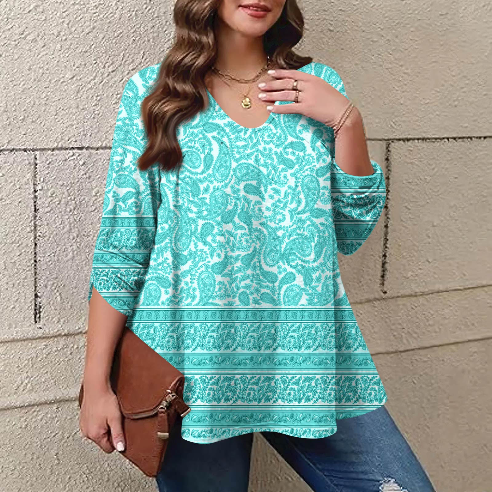 

Женский модный топ большого размера с принтом, повседневный плиссированный, с круглым вырезом и длинными рукавами XXXXXL циан