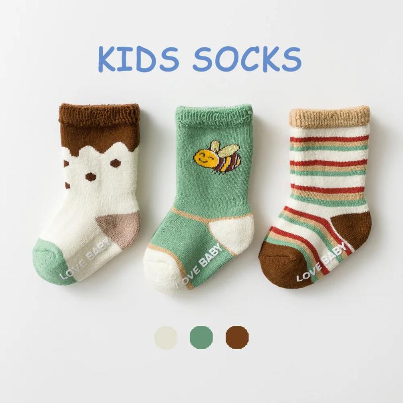 3 paia di calzini per bambini piccoli, per neonati, pre-camminati, invernali, spessi, in spugna di cotone, per bambine, autunnali, antiscivolo, carini, da 0 a 5 anni