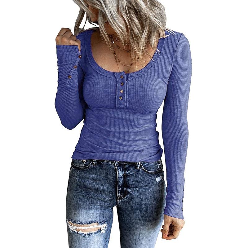 Autumn Women's Button Vest Color V-neck Fashion Long Sleeved T-shirt Top