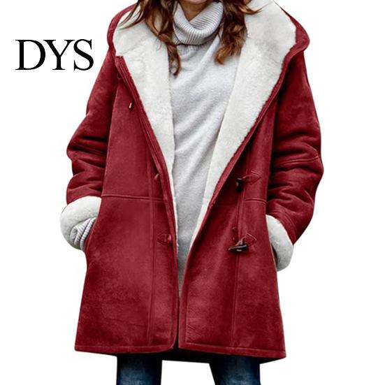 Autumn Coat Lady Winter with Hood And Pockets Thickened Fleece-lined Faux Suede Outerwear Mid Length Thermal Jacket Long Sleeve Outdoor Casual