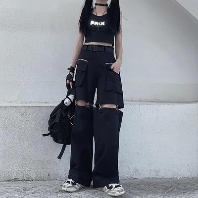 Techwear gotyckie czarne spodnie Cargo damskie Streetwear drążą Punk szerokie nogawki Oversize spodnie z kieszeniami dla kobiet Hip Hop
