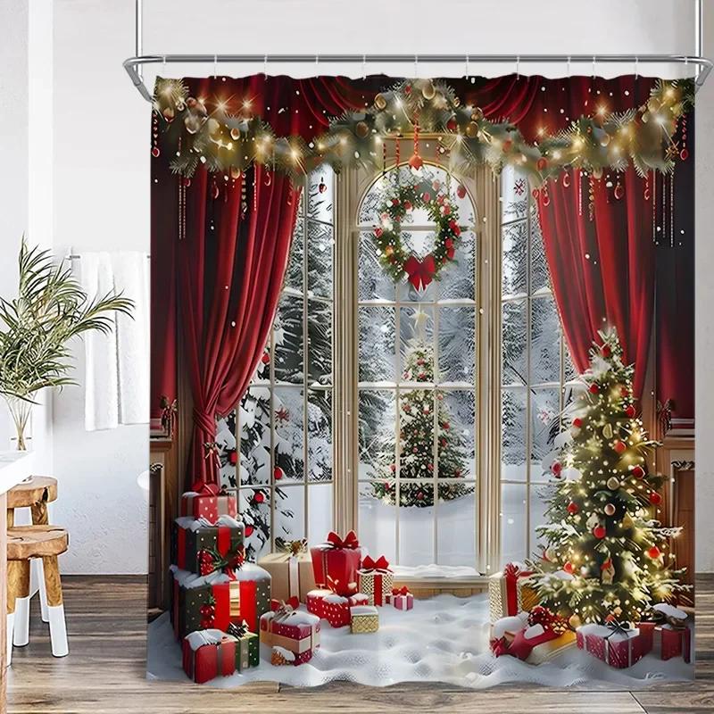 Christmas Shower Curtain Xmas Tree Gifts Winter Forest Cedar Nature Landscape Home Wall Hanging Fabric Bathroom Curtains Decor