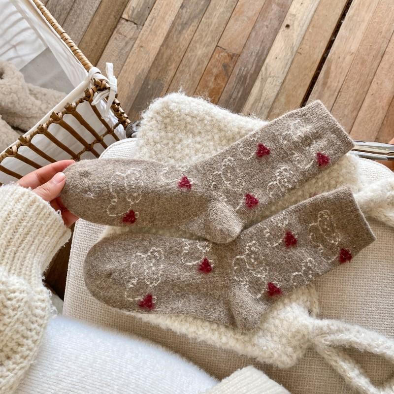 Winter Socks for Girls, Cartoon Puppy Plush Bow Wool Socks, Cute Mid-calf for Girls, Warm Girls