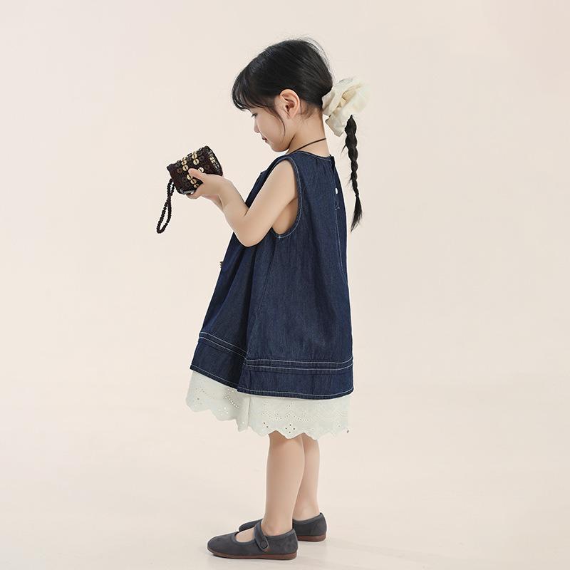 Kids Girls Korean Style Contrast Color Lace Denim A Line Dress