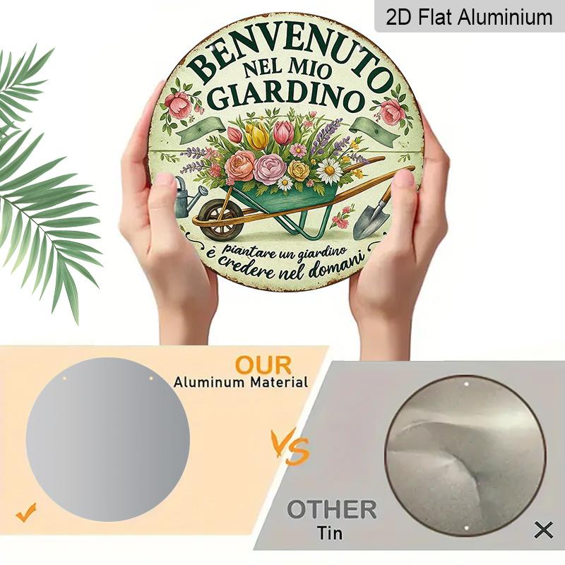 2D Flat, 1pc 7.87x7.87 Inch Round Italian Aluminum Sign, Vintage Decorative Plaque with "Welcome to My Garden" Design, Garden Theme, Suitable for