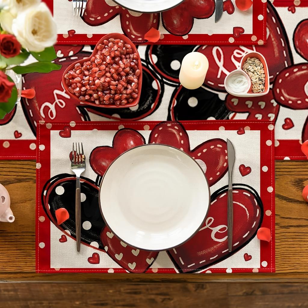 [Romantic Heart Placemats] 4/6/8pcs Heart-Shaped Red & Polka Dot Placemats | Machine-Washable Polyester, Rectangular Table Mats for Valentine's Day