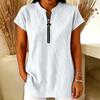 Women's Casual Ribbed Short Sleeve Top with Round Neck and Front Zipper Detail Relaxed Fit Tunic Shirt for Everyday Wear
