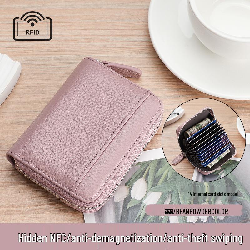 Women's Genuine Leather Zipper Card Holder - Anti-Demagnetization Multi-Slot Accordion Style