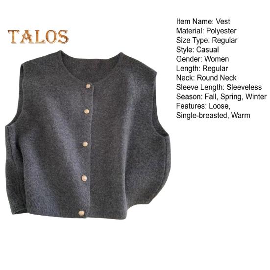 Women Knitted Vest Round Neck Sleeveless Button-down Thick Elastic Pure Color Brushed Texture Loose Sweater Coat for Spring Autumn Winter