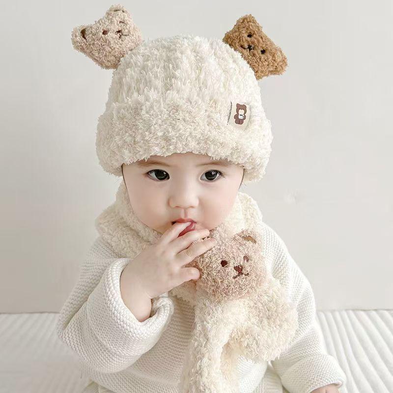 Little Bear Plush Hat & Scarf Set for Babies: Fleece-Lined, Warm, Ear Protection for Autumn & Winter